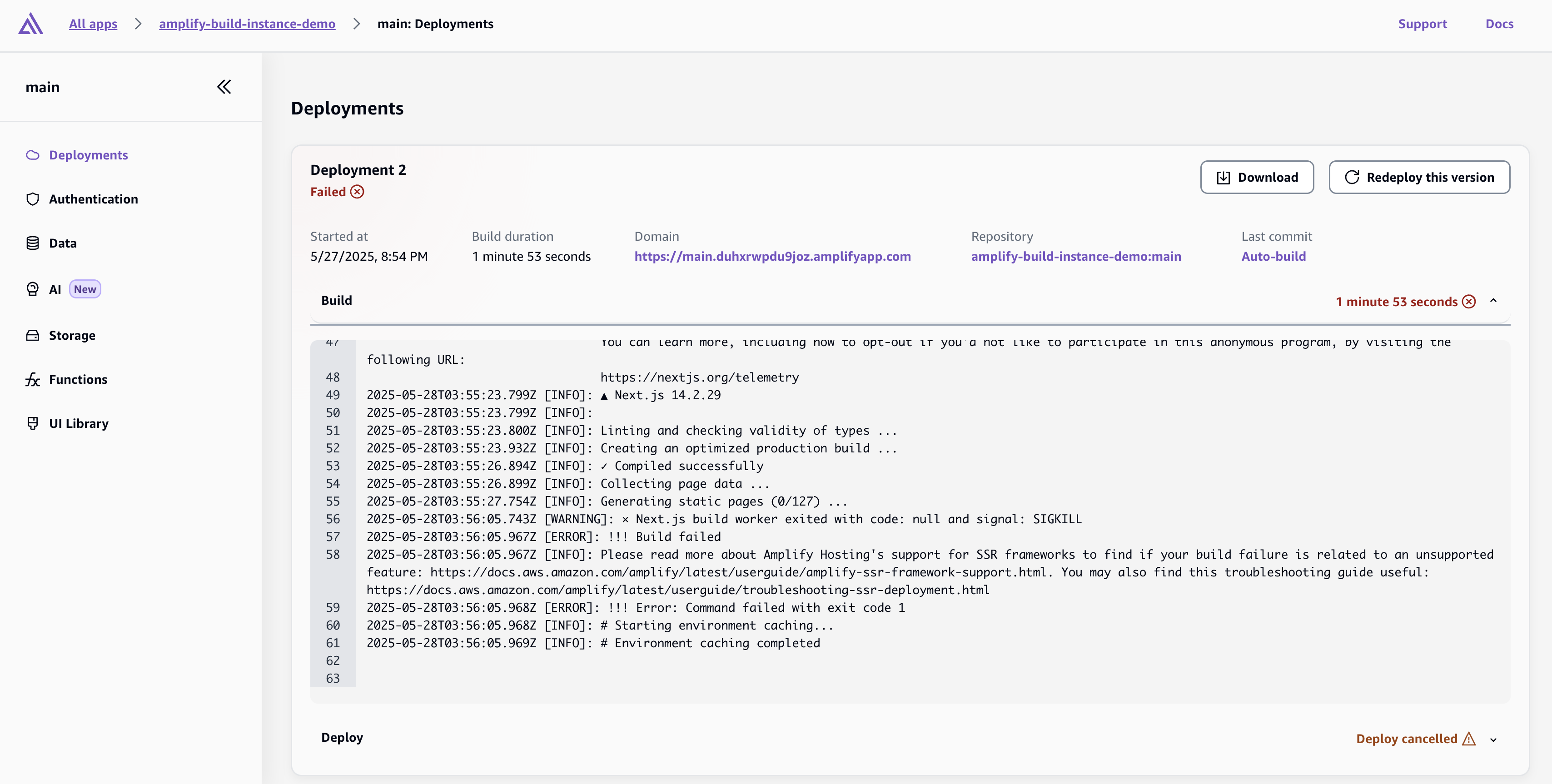Deployment 2 failed due to out of memory